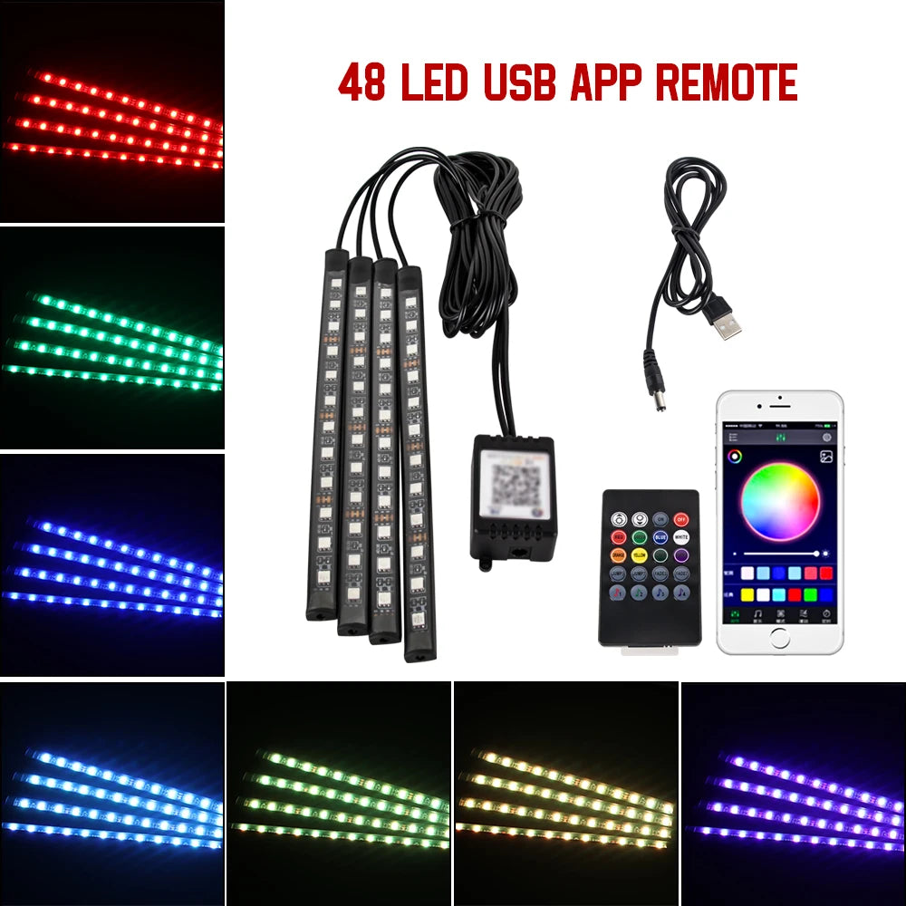 LED Car Interior RGB Lights with USB & Wireless Control